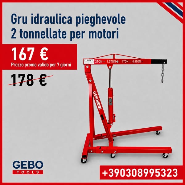 Gru idraulica pieghevole, 2 tonnellate, ideale per motori, maniglia pompa, gambe pieghevoli, paranco sollevatore cavalletto Gebo Tools