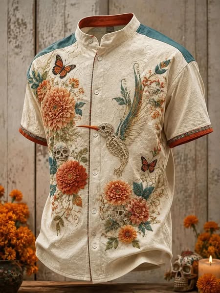 Men's Day Of The Dead Hummingbird Skeleton Butterflies And Dahlia Blooms Print Stand Collar Short Sleeve Shirt
