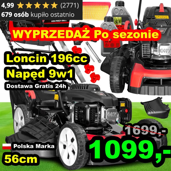 Wyprzedaż -40% Kup kosiarkę VENOM PM53-196LC 9w1 i zyskaj 5 lat gwarancji + darmową dostawę w 24h
