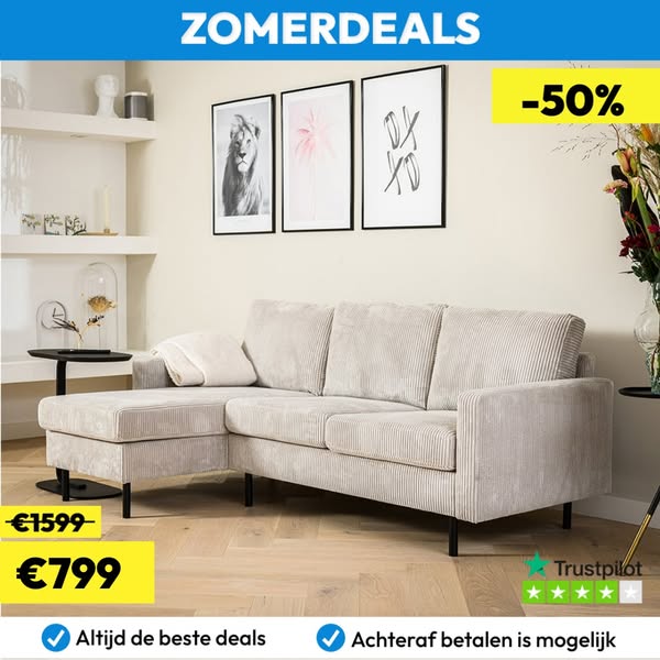 Haluta - Rib Hoekbank Frits – 200 x 135 x 80 cm – Naturel – Links