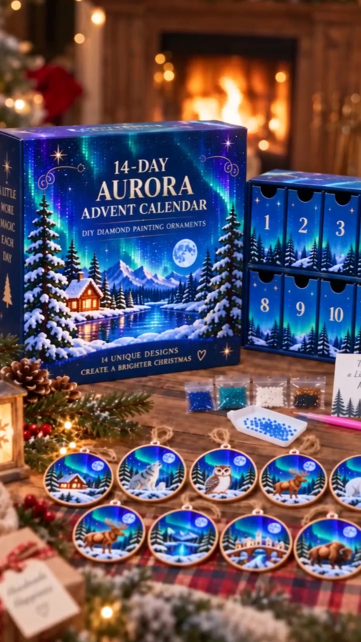 14-Day Aurora Diamond Painting Advent Calendar – DIY Wooden Christmas Ornament Ki