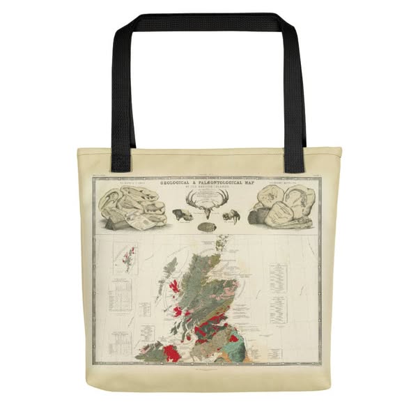 Scotland Tote Bag with vintage map print of Geological & palaeontological map of Scotland 1854, by A.K. Johnston and E.Forbes, Black
