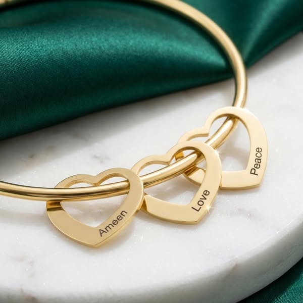 Personalized Heart Charm Bangle | Custom Engraved Family Bracelet - HayeNii