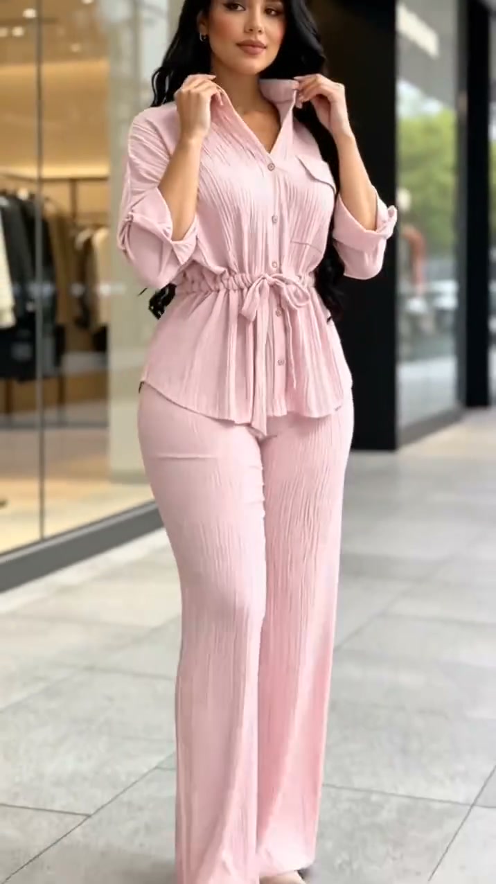 50% OFF NOW! Women's Drawstring Shirt & Wide-Leg Pants Set – Adjustable Waist, Flowy Trousers & Textured Fabric