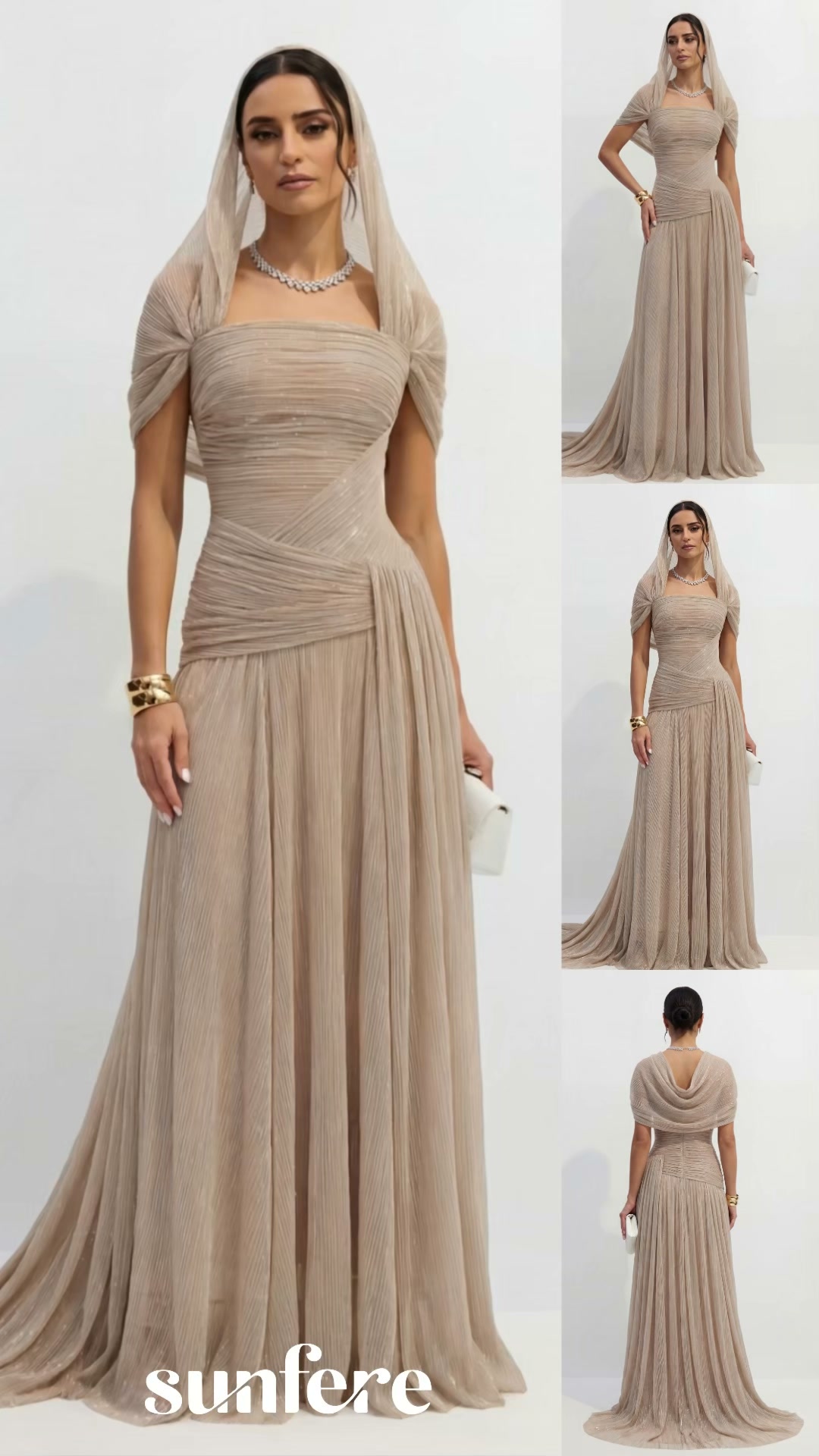 Khaki Pleated Draped Strapless Maxi Dress