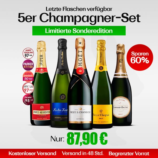 Veuve Clicquot Brut, Moët Impérial, Bollinger Special Cuvée, Mumm Cordon Rouge & Ruinart Brut