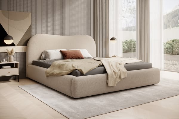 Boucle Polsterbett mit Bettkasten ROSI 180x200 Beige