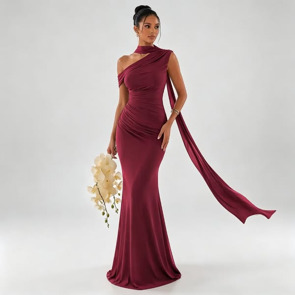 The Elara Riviera Scarf One-Shoulder Gown