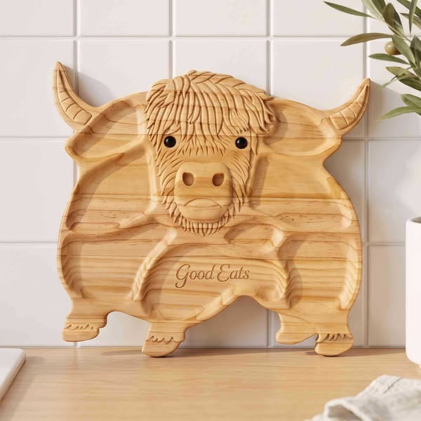 Custom Name Engraved Highland Cow Charcuterie Board, Multi-Compartment Wooden Serving Tray, Kitchen Accessory, Housewarming Gift for Hostess