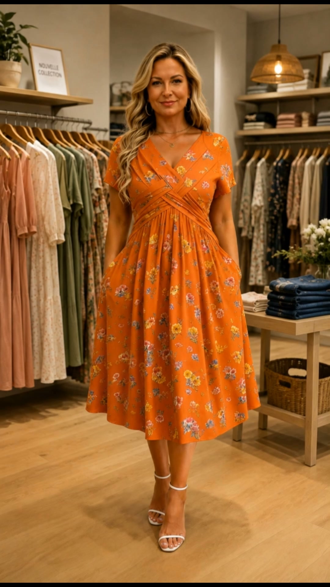 Robe fleurie avec décolleté en V et détail de taille, élégante et polyvalente pour toutes les occasions