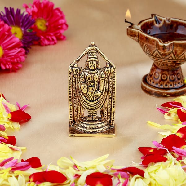 Estele Gold-Polished Lord Tirupati Balaji Idol Showpiece for Pooja Mandir/ Home Decorative