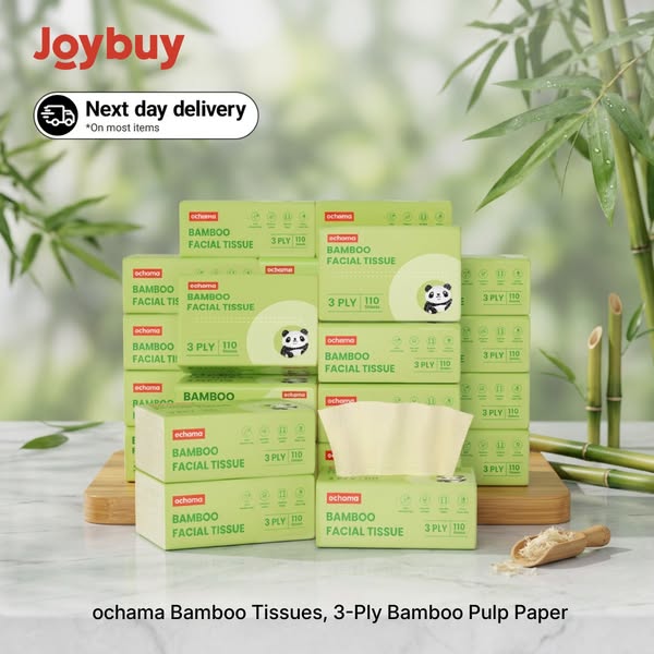 £7.99|Ochama Bamboo Facial Tissues: 24-Pack of 3-Ply, 2640 Sheet FSC Certified Unbleached Bamboo Pulp Family Pack