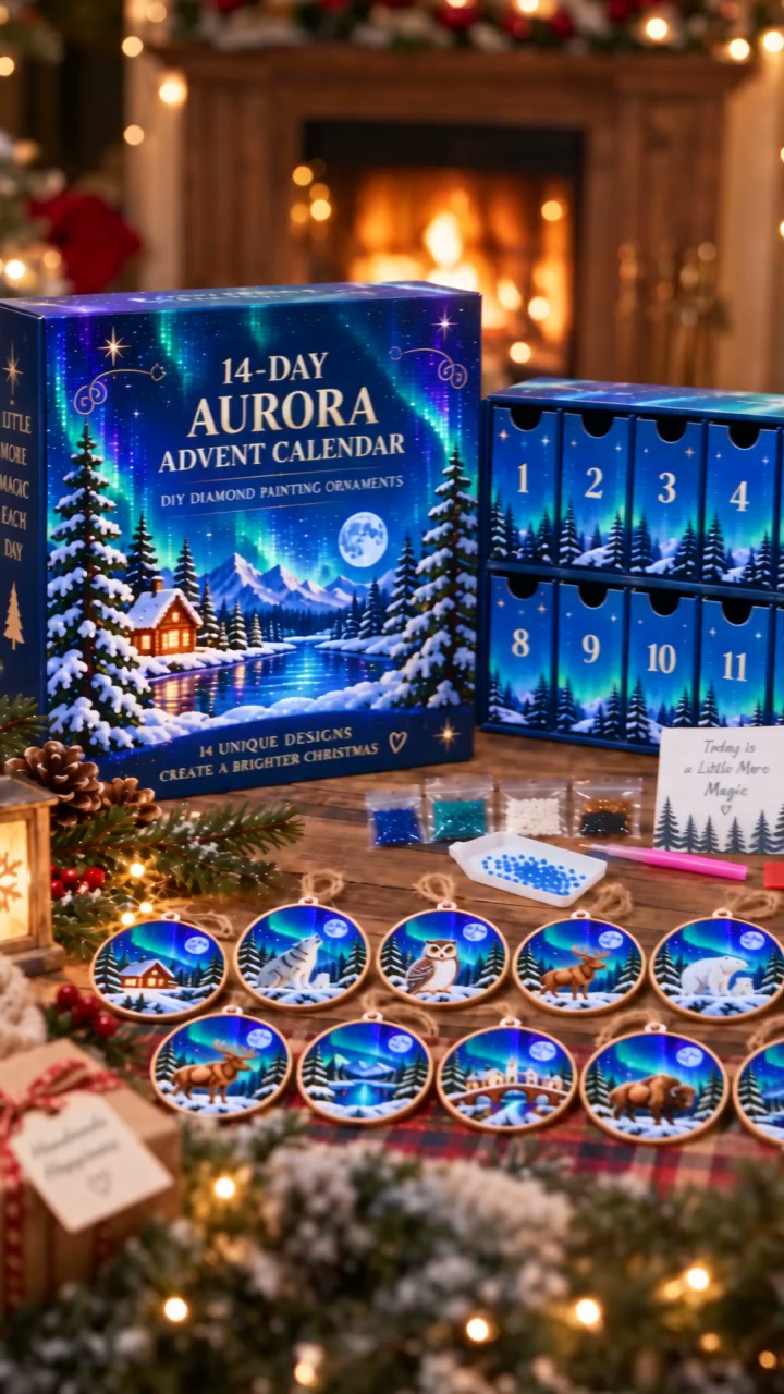 14-Day Aurora Diamond Painting Advent Calendar – DIY Wooden Christmas Ornament Kit