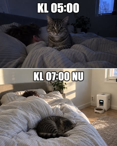 Katten vill ha mat kl fem. Du vill sova. Nu får ni båda som ni vill. Ställ in tiden en gång. Klart.