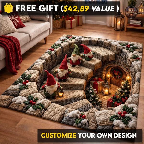 3D Christmas Gnome Area Rug, Stone Steps Door Runner Rug, Winter Holiday Kitchen Mat, Festive Season Doormat, Christmas Gift Home Decor