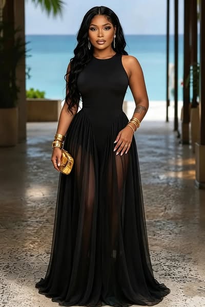Round Neck Sleeveless Mesh Patchwork Cinch Waist Vacation Maxi Dresses-Green