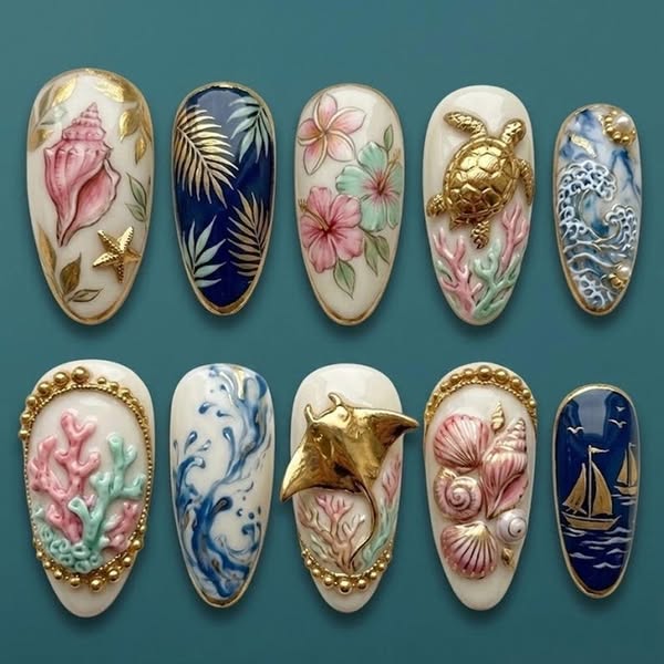 Coastal Pearl Gold Shell Elegant Press On Nails