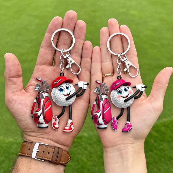 Golf Follow-Through Swing Cartoon Golfer - Personalized Golf Ball Mascot Keychain Gift for Male & Female Golfer