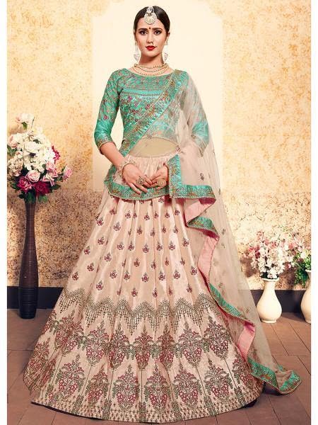 Myra Peach Satin Embroidered Lehenga - Dress Material Only