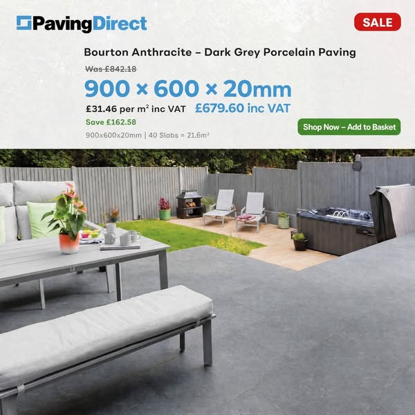 Bourton Anthracite - Dark Grey Patio Porcelain Paving Slabs - 900 x 600 x 20 mm