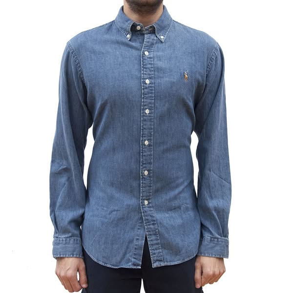 POLO RALPH LAUREN MEN DENIM SPORT CUSTOM FIT SHIRT DARK WASH - XL - RALPH LAUREN
