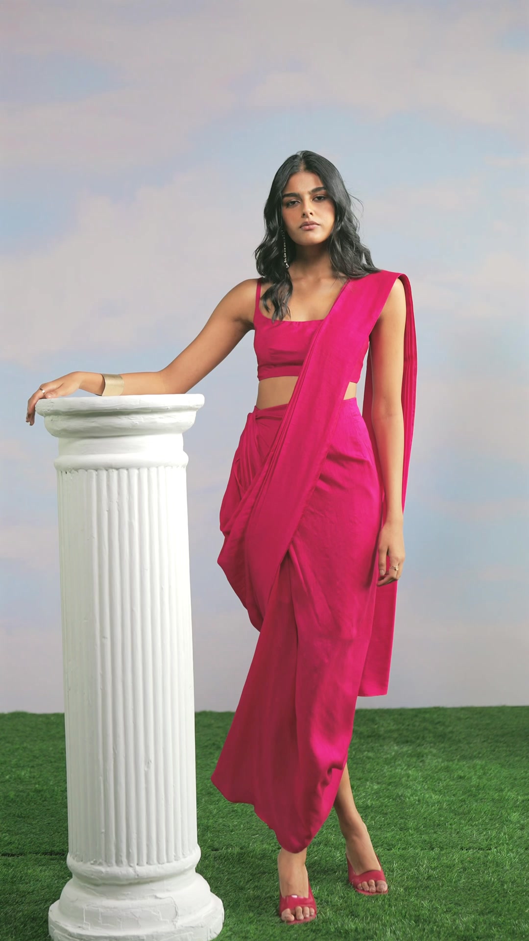 TEXTURED FUCHSIA STRAPPY BANDEAU & SARI DRAPE SKIRT