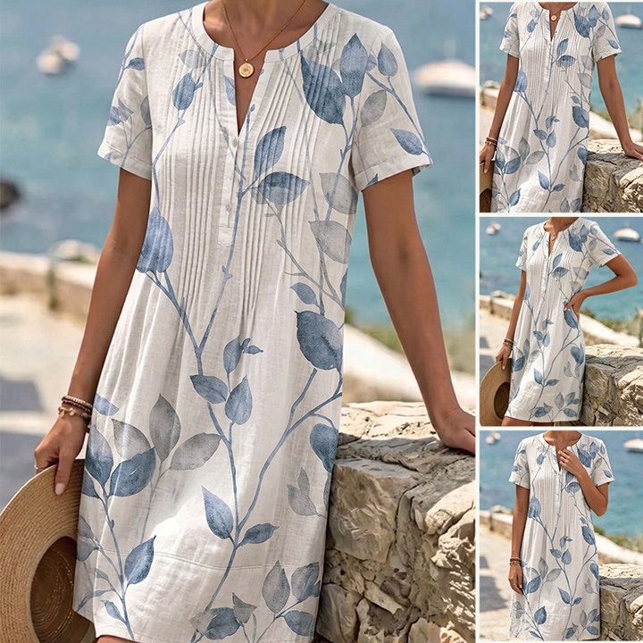 Ruched Leaf Print Short Sleeve Mini Dress