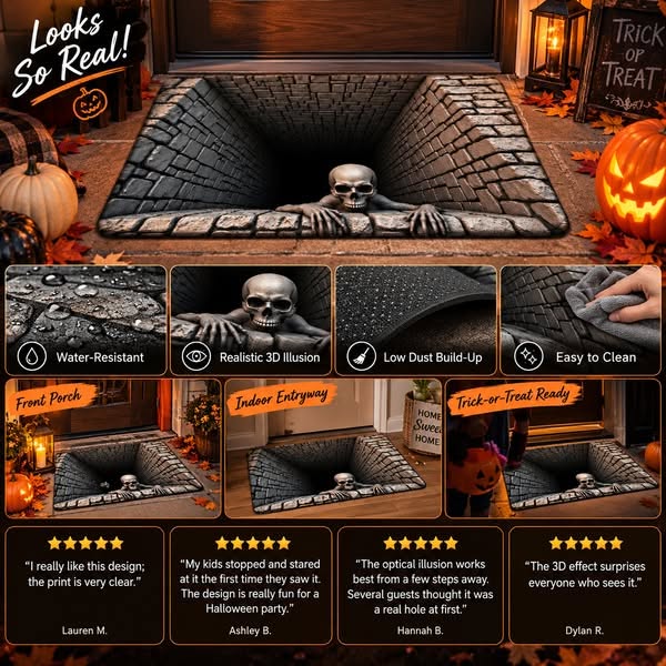 3D Illusion Skull Pit Mat – Halloween Area Rug - 3D Skeleton / 40×60cm (15.7in × 23.6in)