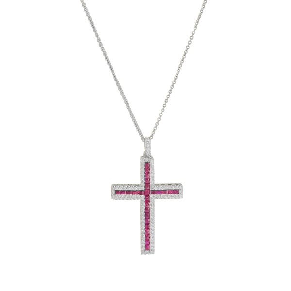 18ct White Gold Ruby and 0.50ct Diamond Cross Necklace 18" by Britannia Jewellery