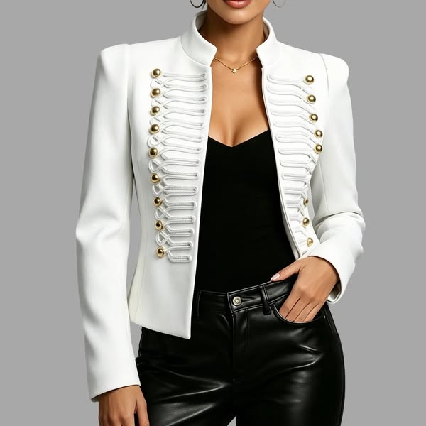 Women's Vintage Stand Collar Braided Trim Gold Button Long Sleeve Cropped Jacket
