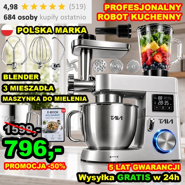 WYPRZEDAŻ ROBOTA TAIA LAVA 1800W misa 6,5 L blender maszynka do mięsa 3 mieszadła LED i zestaw 10w1