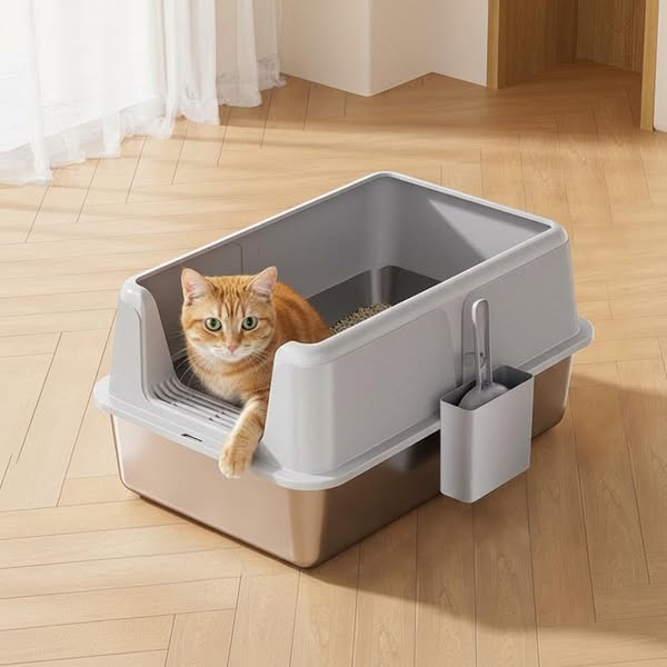 £29.99=Garvee Non-Stick Stainless Steel Litter Box with Lid & Scoop for Cats, Large 23.62''x15.75''x12'', Grey, Splash-Proof & Leak-Proof