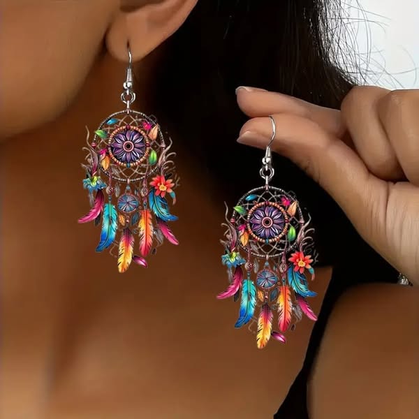 Boho Dreamcatcher Feather Earrings - Colorful Feathers