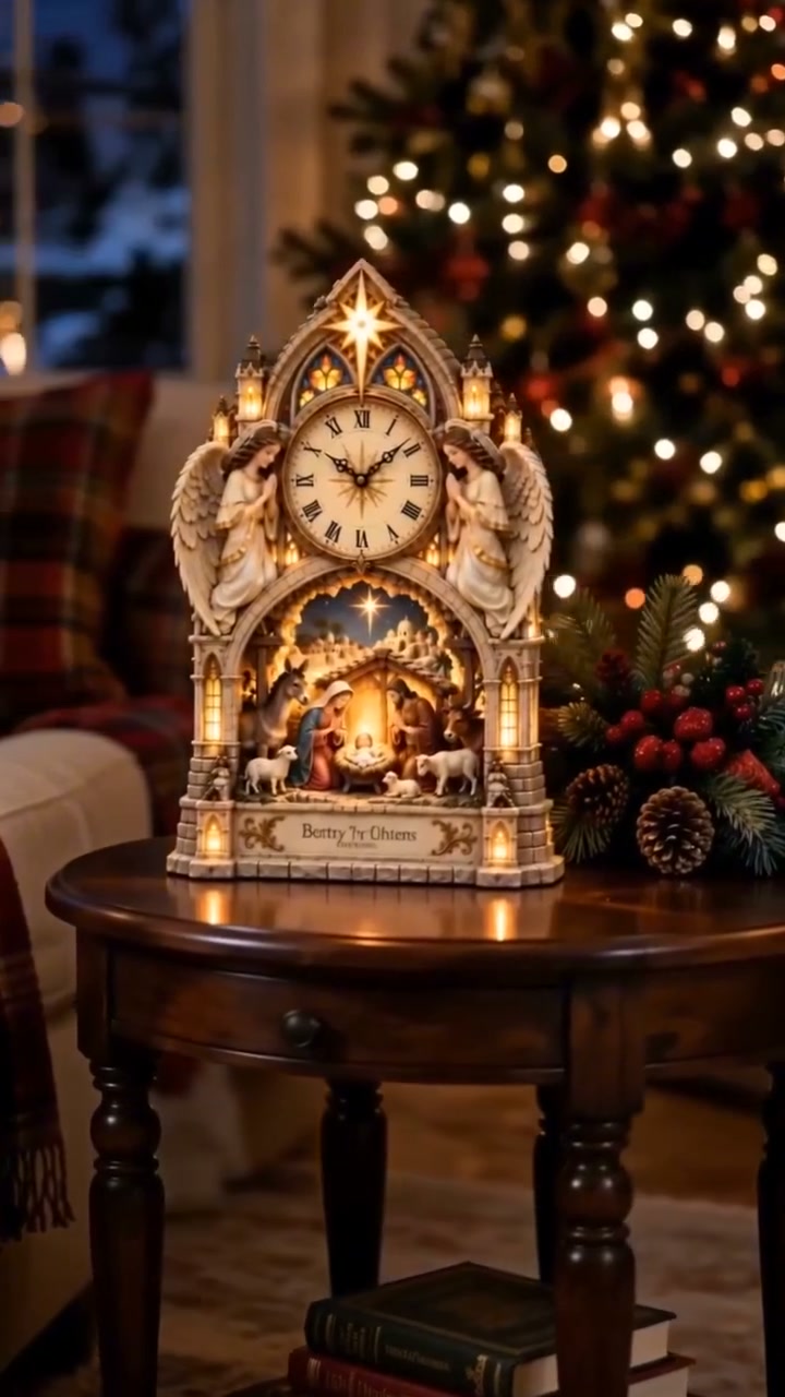 Cathedral-style Bethlehem Nativity clock – the Christmas story bathed in warm light.