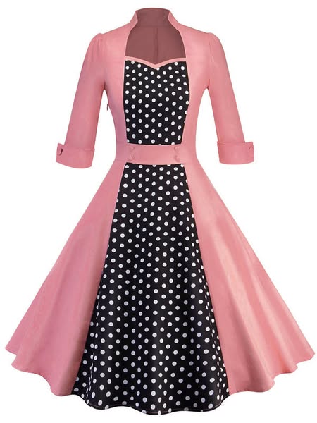1950s Polka Dot Patchwork Dress - Pink / S
