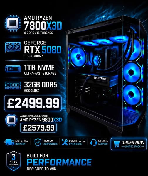 AMD Ryzen 7 7800x3d, RTX 5080 Gaming PC (NEW, Ready to go)