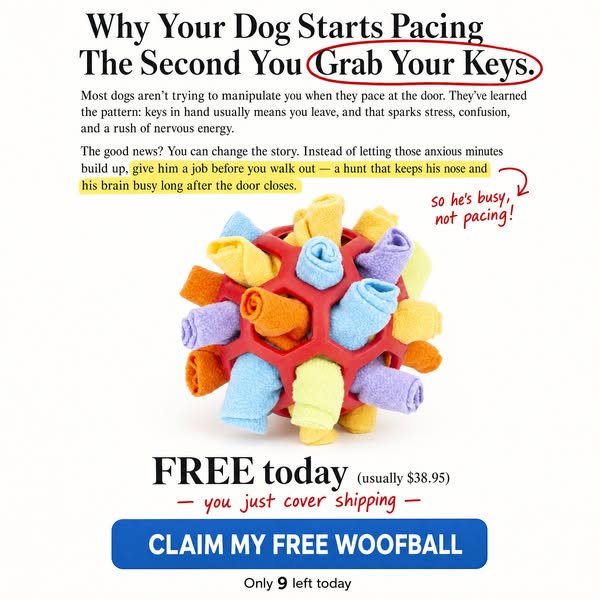He's not a bad dog — he's bored. 10 min of sniffing tires his brain more than a walk WoofBalls FREE — just cover shipping.