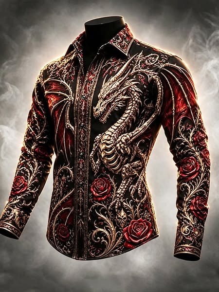 Men's Skeleton Dragon Red Rose Baroque Gothic Art Print Long Sleeve Shirt