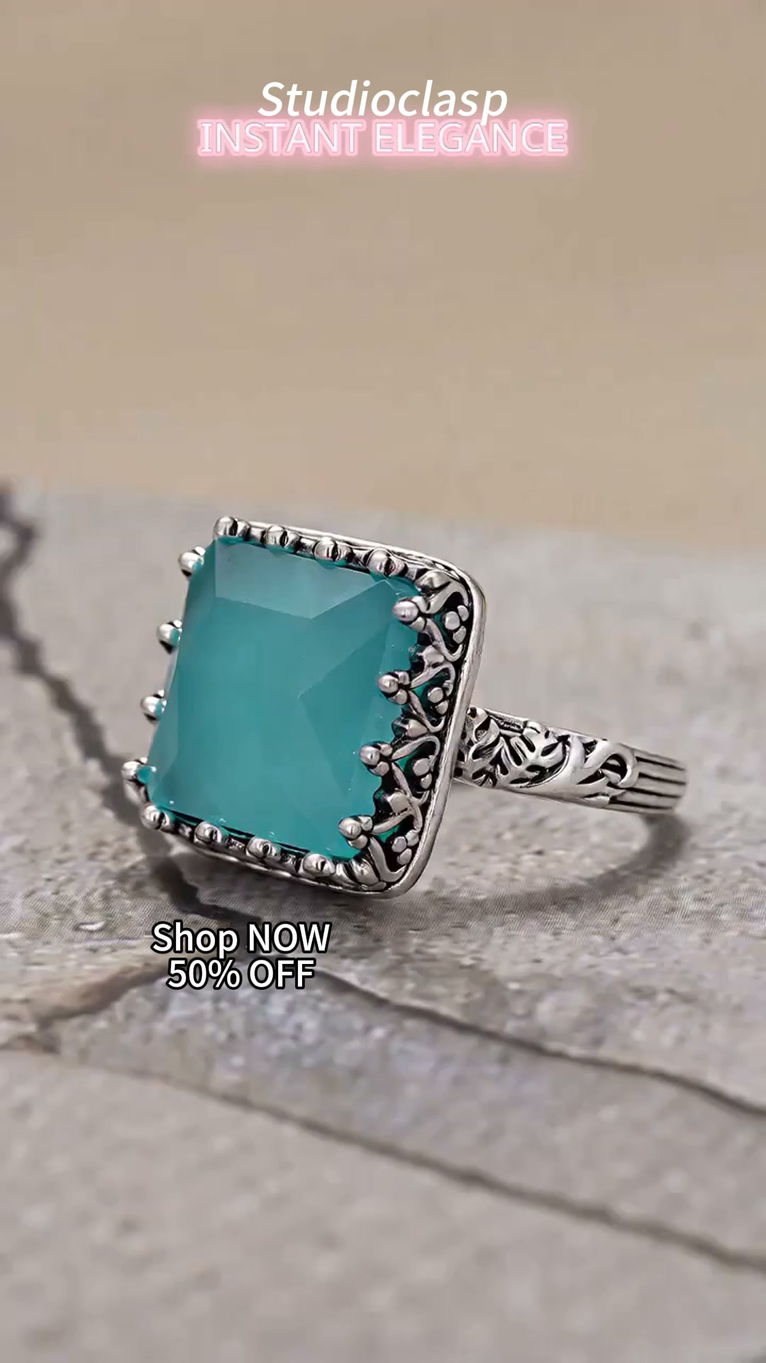 Turquoise Blue Square Vintage Ring Women Silver Filigree Statement Jewelry Gift