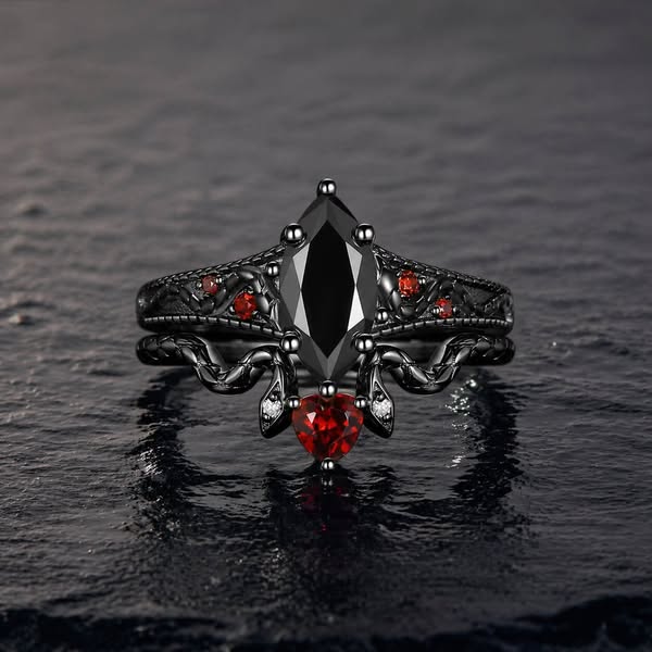 Ethereal Gothic Serpentine Marquise Cut Black Agate Two-Toned Engagement Ring Set 2pcs