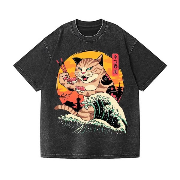 Ukiyoe Cat Vintage Wash Japanese Design T-Shirt