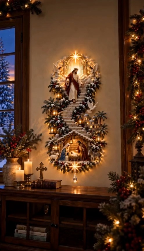 Jesus Light of Heaven Christmas Wall Hanging | Illuminated Nativity Stairway Decor