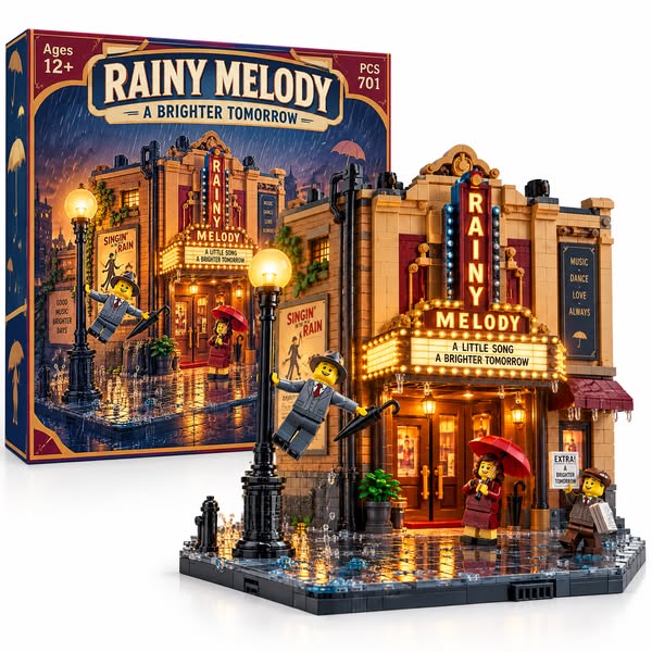 Rainy Melody: Vintage Broadway Theater & Streetlight Building Set