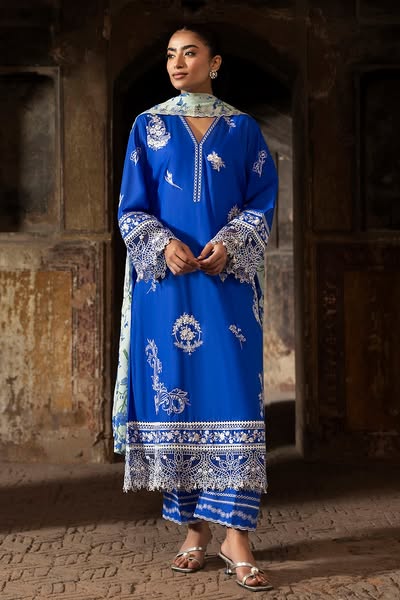 3 Piece Embroidered Lawn Suit with Embroidered Printed Denting Dupatta and Embroidered Trouser Border