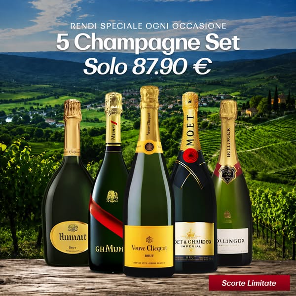 Selezione di 5 Champagne: Bollinger Special Cuvée, Veuve Clicquot Brut, Moët & Chandon Impérial Brut, Taittinger Brut Réserve e Laurent-Perr