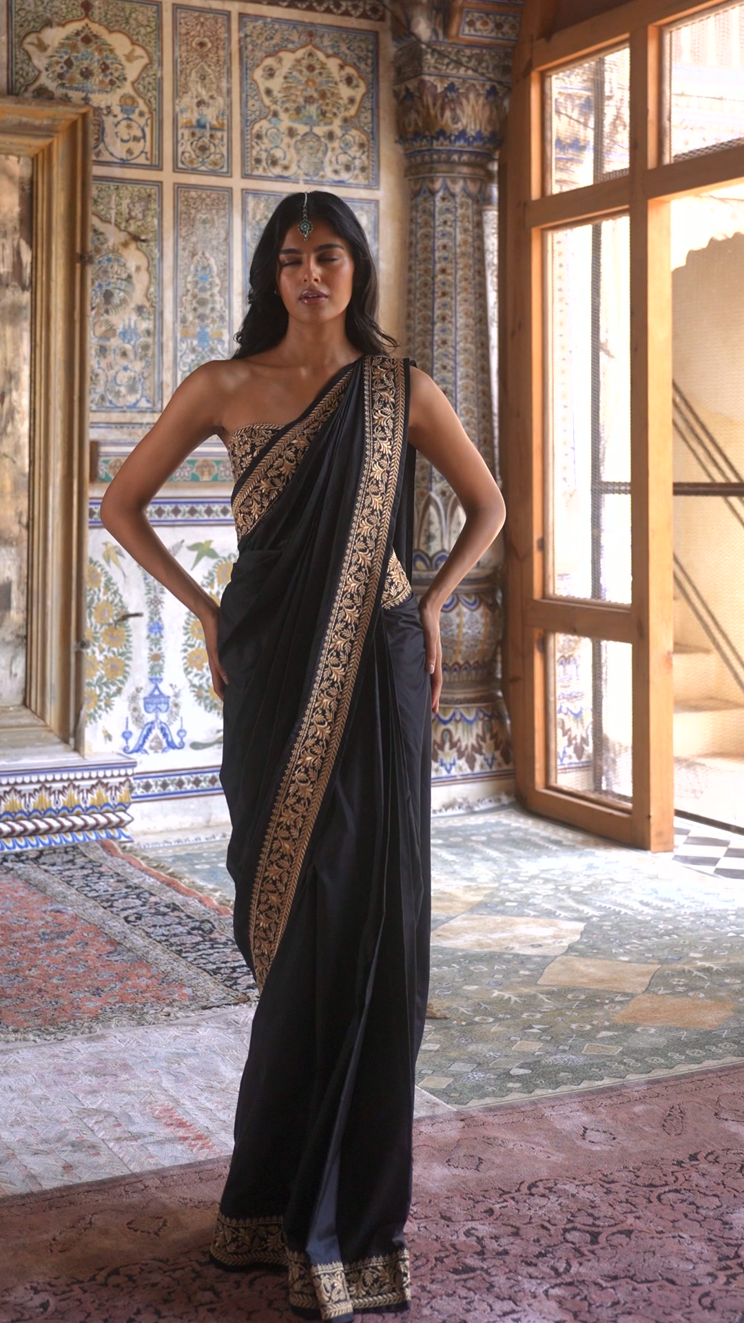 METALLIC THREAD EMBROIDERED BRALETTE & SARI DRAPE SKIRT SET