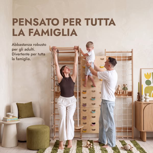 7-in-1 Parete da Arrampicata per Bambini: Spalliera, Prese, Rete, Sbarra Trazioni e Set Altalena 3in1