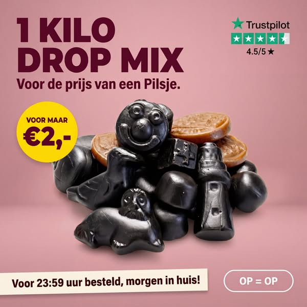1 kilo dropmix nu €2,00 (was €12,50)