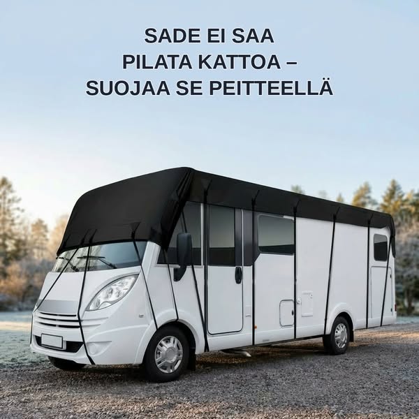 Asuntovaunun katto suojattuna talveksi
