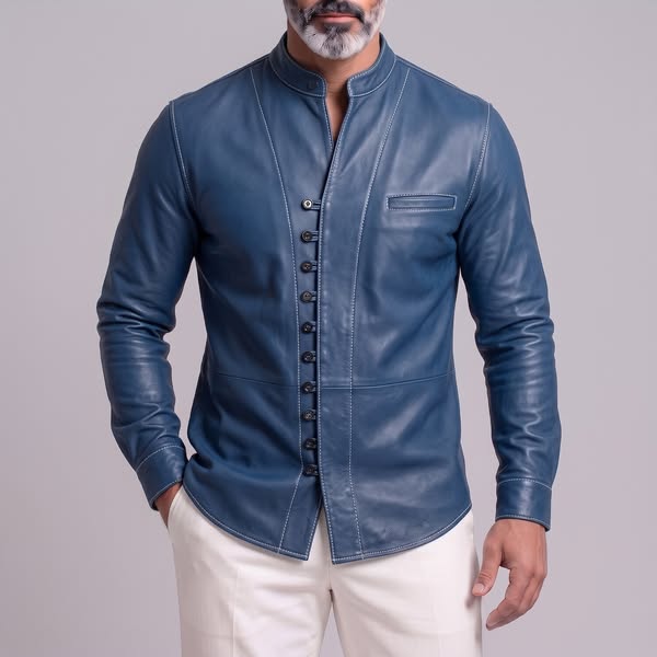 Men's Vintage Blue PU Leather Mandarin Collar Single Breasted Slim Fit Shirt